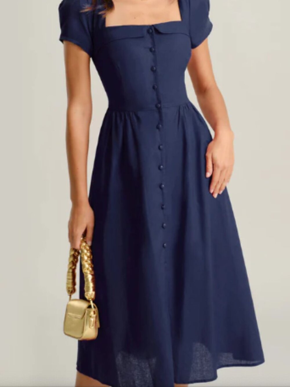 Rihoas Navy Square Neck Short Sleeves A-Line Midi Dress